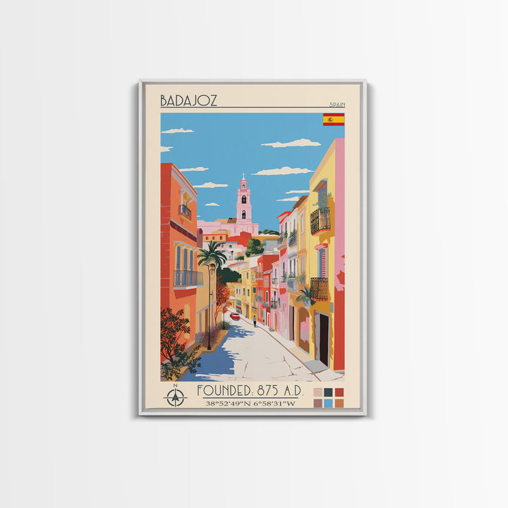 Badajoz Spain Travel Poster Framed Canvas Print, Midcentury Modern Art, Pop Art Wall Decor, Home Decor, Vacation Gift, Living Room Art