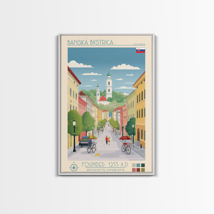 Banská Bystrica City in Slovakia Slovakia Travel Poster Framed Canvas Print, Midcentury Modern Art, Pop Art Wall Decor, Home Decor, Vacation Gift, Living Room Art