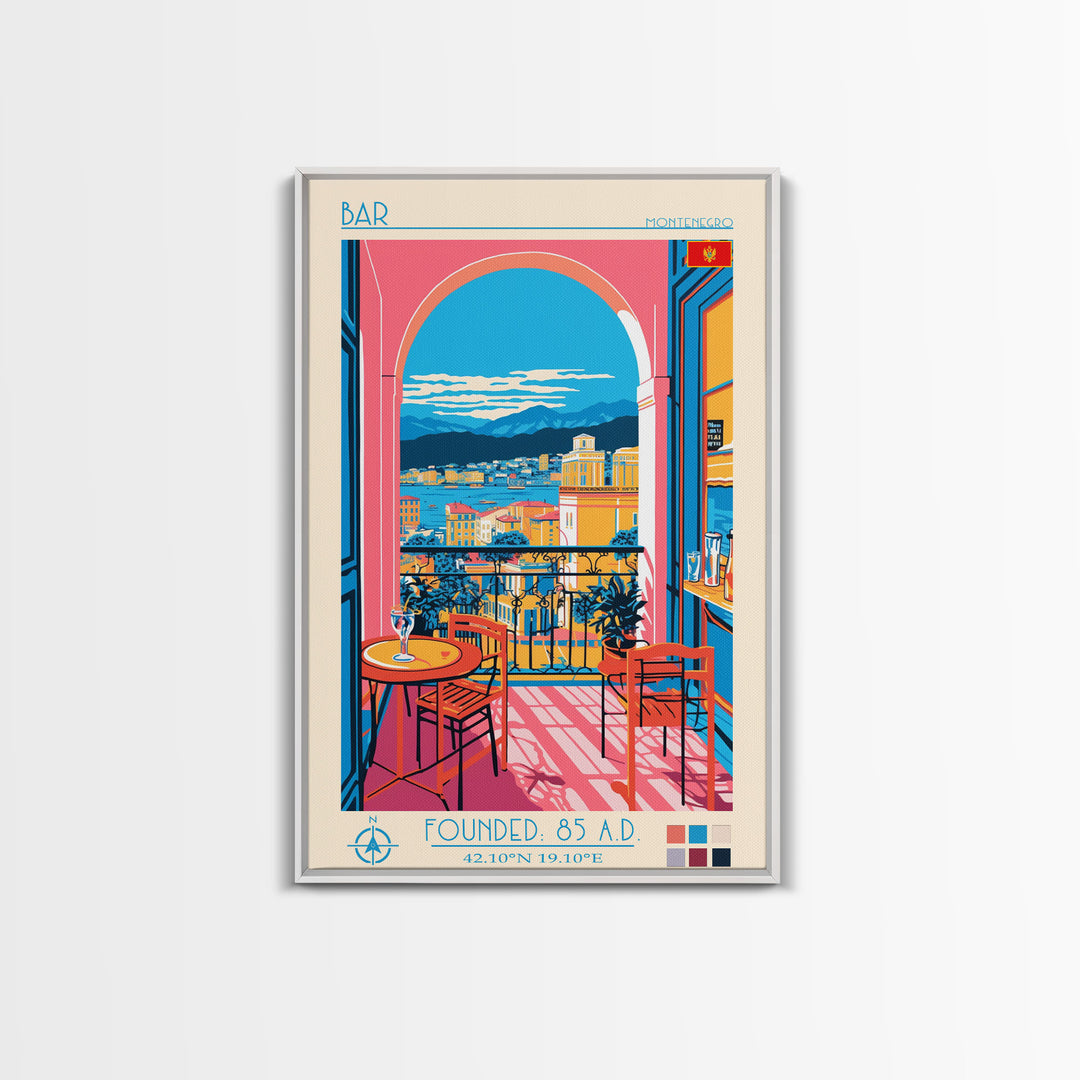 Bar Montenegro Travel Poster Framed Canvas Print, Midcentury Modern Art, Pop Art Wall Decor, Home Decor, Vacation Gift, Living Room Art