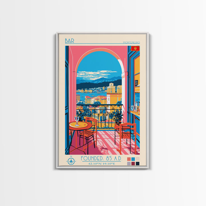 Bar Montenegro Travel Poster Framed Canvas Print, Midcentury Modern Art, Pop Art Wall Decor, Home Decor, Vacation Gift, Living Room Art