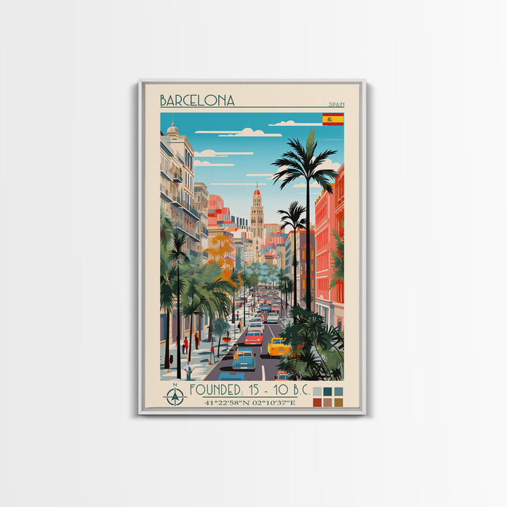 Barcelona Spain Travel Poster Framed Canvas Print, Midcentury Modern Art, Pop Art Wall Decor, Home Decor, Vacation Gift, Living Room Art