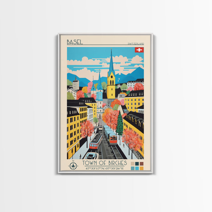 Basel Switzerland Travel Poster Framed Canvas Print, Midcentury Modern Art, Pop Art Wall Decor, Home Decor, Vacation Gift, Living Room Art