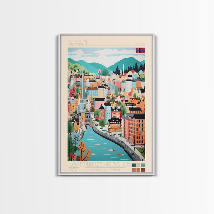 Bergen Norway Travel Poster Framed Canvas Print, Midcentury Modern Art, Pop Art Wall Decor, Home Decor, Vacation Gift, Living Room Art