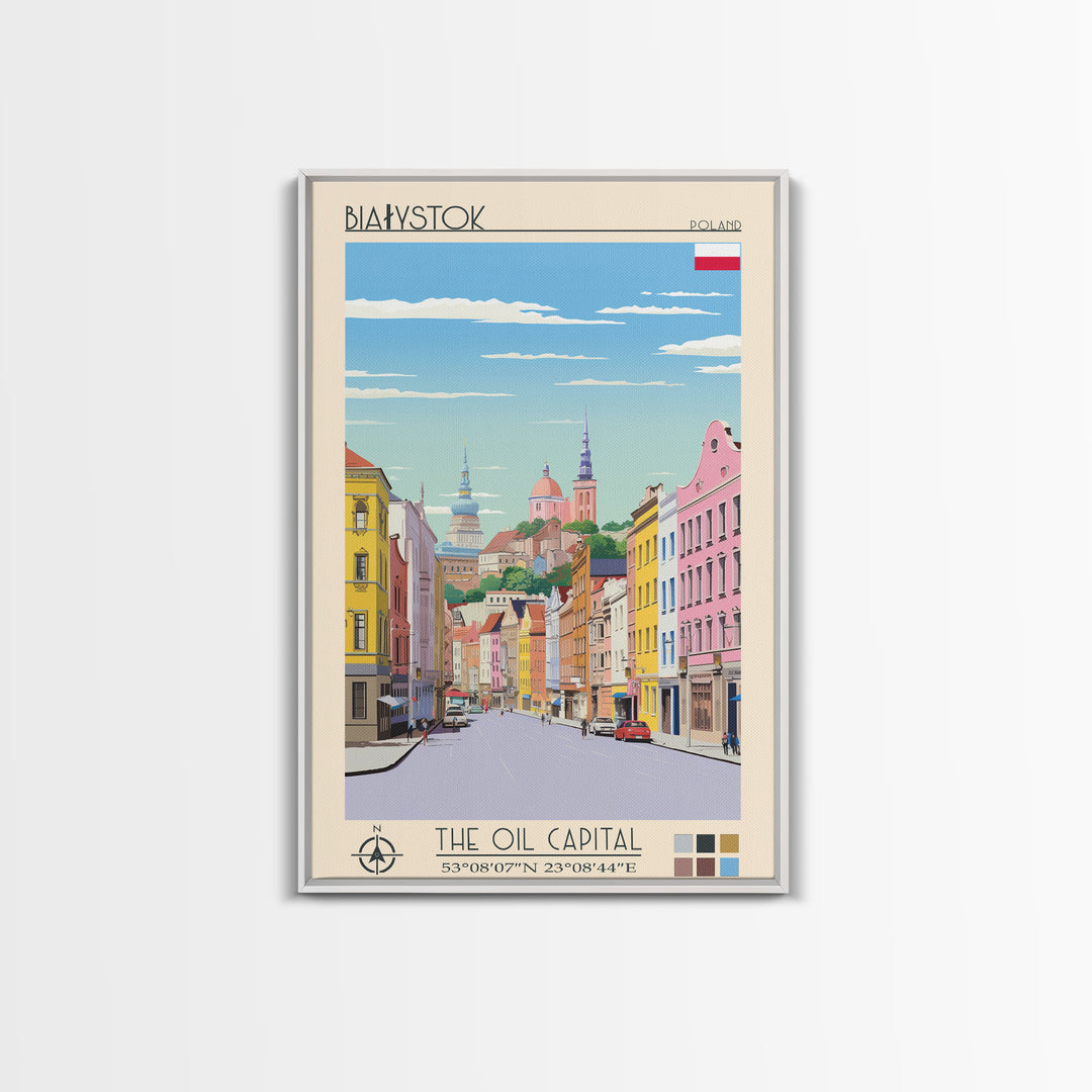 Białystok Poland Travel Poster Framed Canvas Print, Midcentury Modern Art, Pop Art Wall Decor, Home Decor, Vacation Gift, Living Room Art