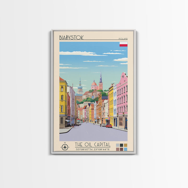 Białystok Poland Travel Poster Framed Canvas Print, Midcentury Modern Art, Pop Art Wall Decor, Home Decor, Vacation Gift, Living Room Art