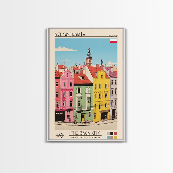 Bielsko-Biała Poland Travel Poster Framed Canvas Print, Vintage Style, Pop Art Home Decor, Scenic Wall Art, Living Room Decoration