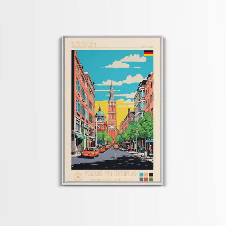 Bochum Germany Travel Poster Framed Canvas Print, Midcentury Modern Art, Pop Art Wall Decor, Home Decor, Living Room Art, Scenic View