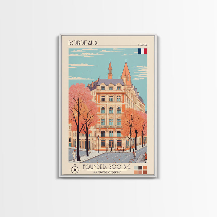 Bordeaux France Travel Poster Framed Canvas Print, Midcentury Modern Art, Pop Art Home Decor, Scenic Wall Art, Living Room Decoration