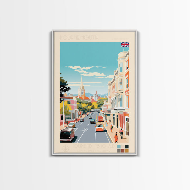 Bournemouth United Kingdom Travel Poster Framed Canvas Print, Midcentury Modern Art, Pop Art Wall Decor, Scenic Wall Art, Living Room Art