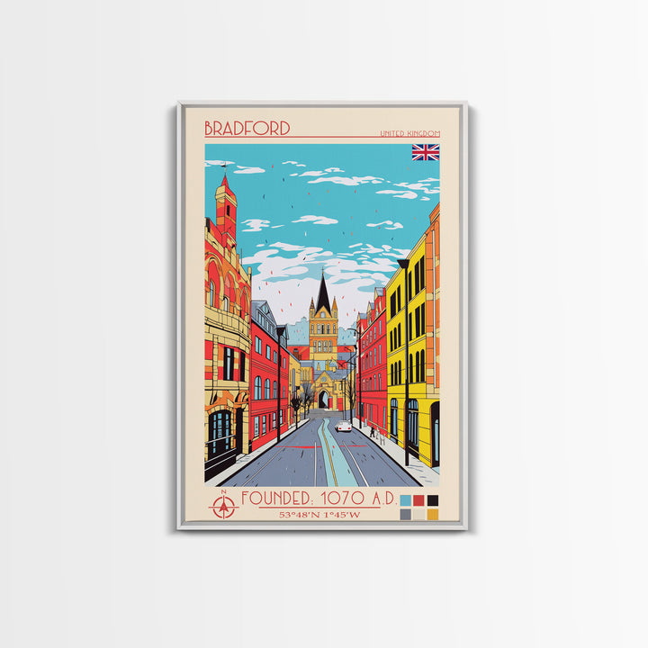 Bradford United Kingdom Travel Poster Framed Canvas Print, Midcentury Modern Art, Pop Art Wall Decor, Home Decor, Vacation Gift, Living Room Art