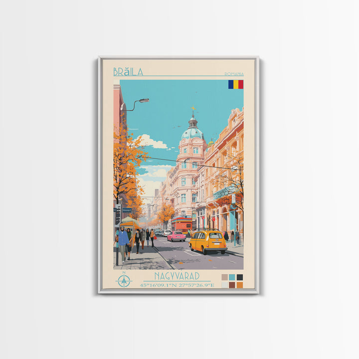 Brăila Romania Travel Poster Framed Canvas Print, Midcentury Modern Art, Pop Art Wall Decor, Home Decor, Vacation Gift, Living Room Art