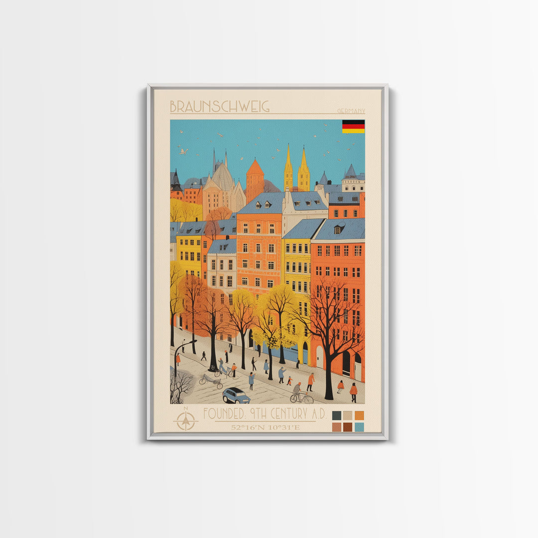 Braunschweig Germany Travel Poster Framed Canvas Print, Midcentury Modern Art, Pop Art Wall Decor, Scenic Wall Art, Home Decor, Living Room Art