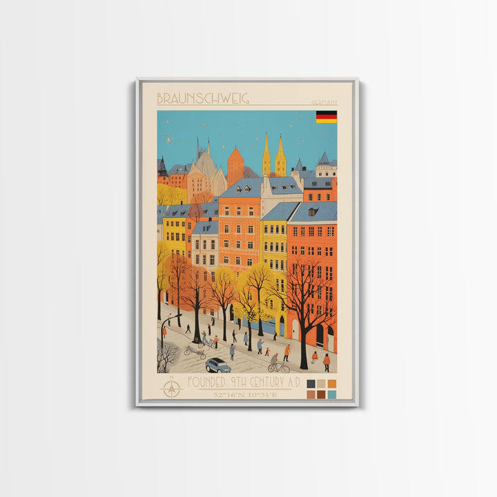 Braunschweig Germany Travel Poster Framed Canvas Print, Midcentury Modern Art, Pop Art Wall Decor, Scenic Wall Art, Home Decor, Living Room Art