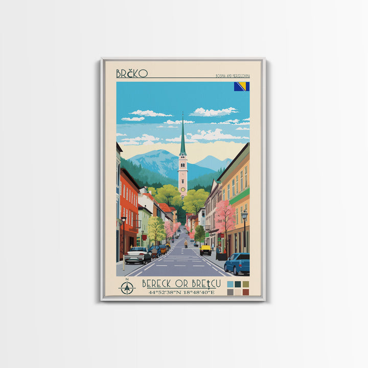 Brčko Bosnia and Herzegovina Travel Poster Framed Canvas Print, Midcentury Modern Art, Pop Art Wall Decor, Home Decor, Living Room Art