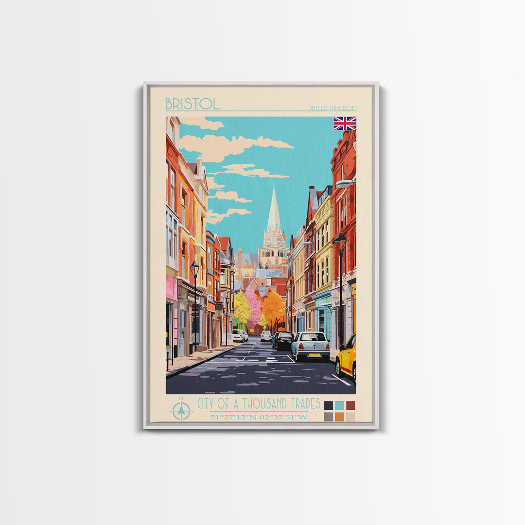 Bristol United Kingdom Travel Poster Framed Canvas Print, Midcentury Modern Art, Pop Art Wall Decor, Scenic Wall Art, Living Room Art