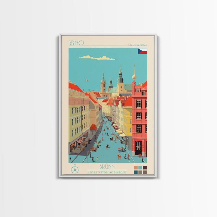 Brno Czech Republic Travel Poster Framed Canvas Print, Midcentury Modern Art, Pop Art Wall Decor, Home Decor, Vacation Gift, Living Room Art