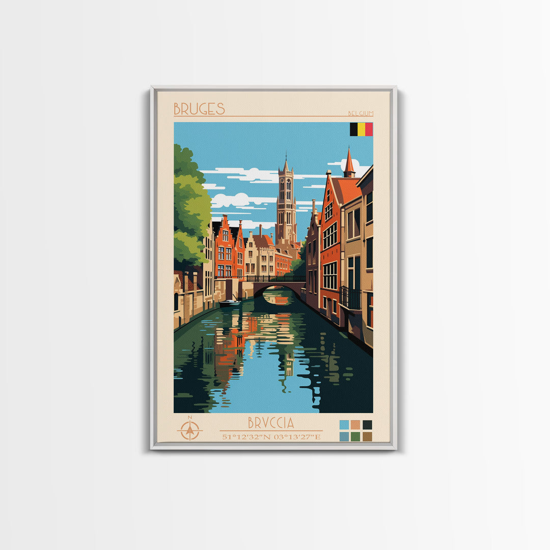 Bruges Belgium Travel Poster Framed Canvas Print, Vintage Style, Pop Art Home Decor, Scenic Wall Art, Living Room Decoration, Artistic Gift