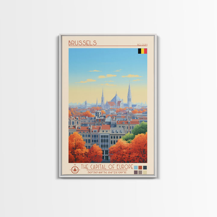 Brussels Belgium Travel Poster Framed Canvas Print, Midcentury Modern Art, Pop Art Wall Decor, Home Decor, Vacation Gift, Living Room Art