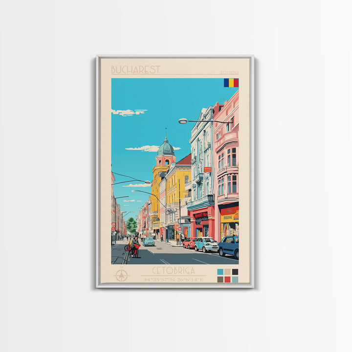 Bucharest Romania Travel Poster Framed Canvas Print, Midcentury Modern Art, Pop Art Wall Decor, Home Decor, Vacation Gift, Living Room Art