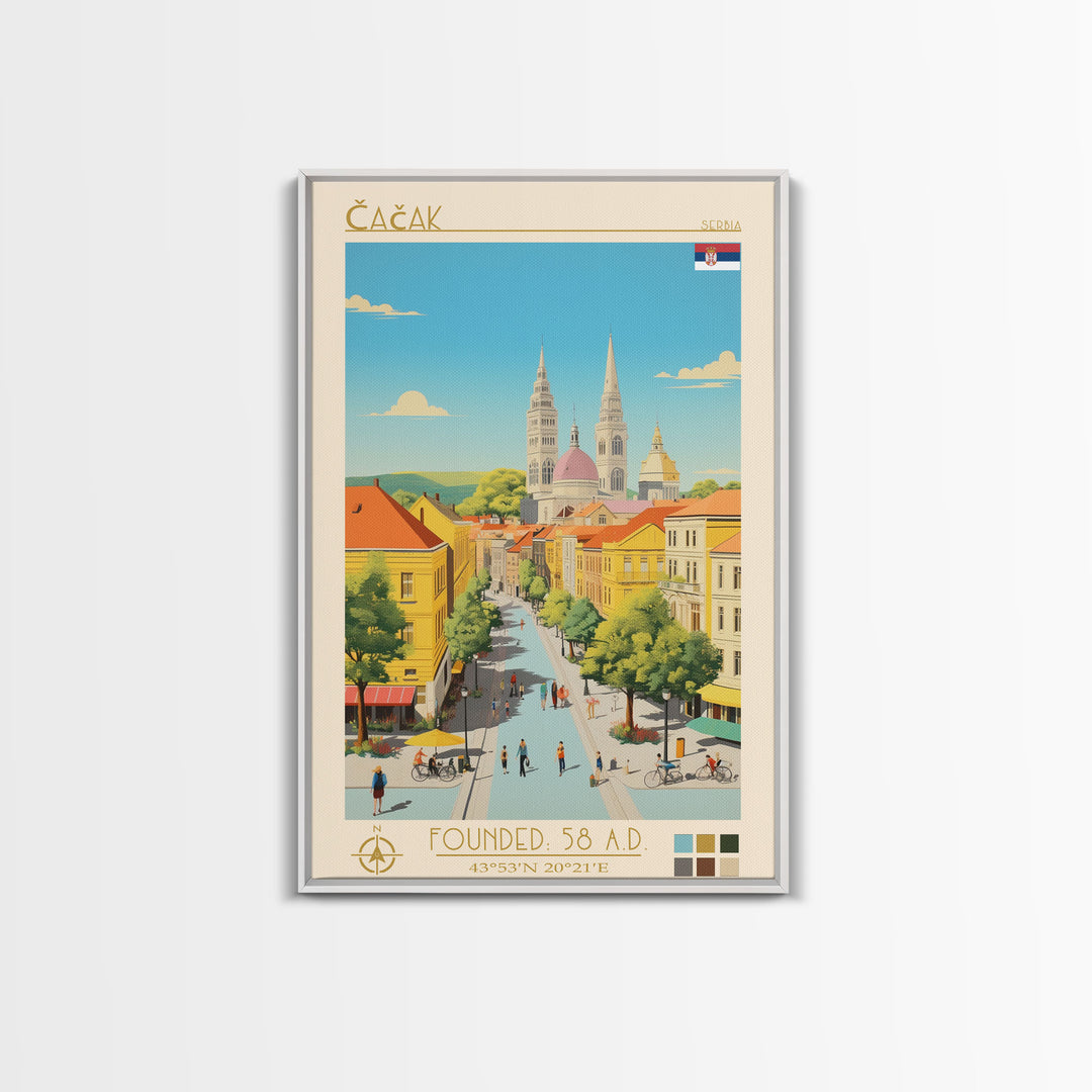 Čačak Serbia Travel Poster Framed Canvas Print, Midcentury Modern Art, Pop Art Wall Decor, Living Room Art, Scenic Wall Art