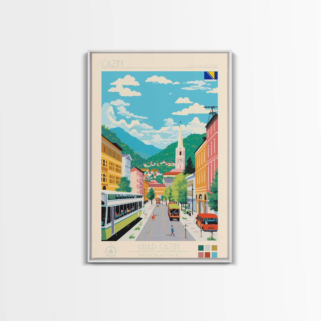 Cazin Bosnia and Herzegovina Travel Poster Framed Canvas Print, Midcentury Modern Art, Pop Art Wall Decor, Home Decor, Living Room Art