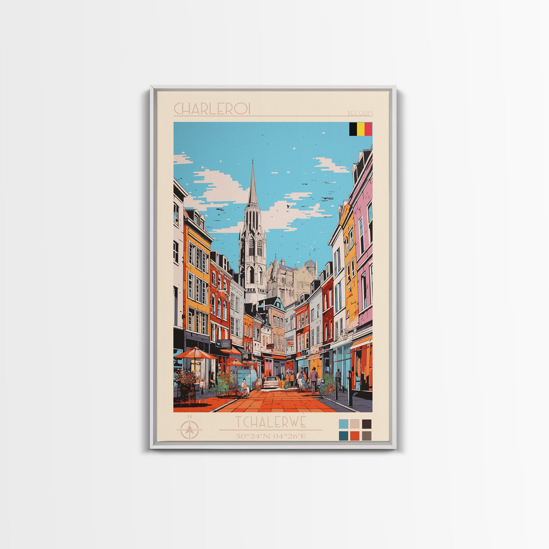 Charleroi Belgium Travel Poster Framed Canvas Print, Midcentury Modern Art, Pop Art Wall Decor, Home Decor, Vacation Gift, Living Room Art