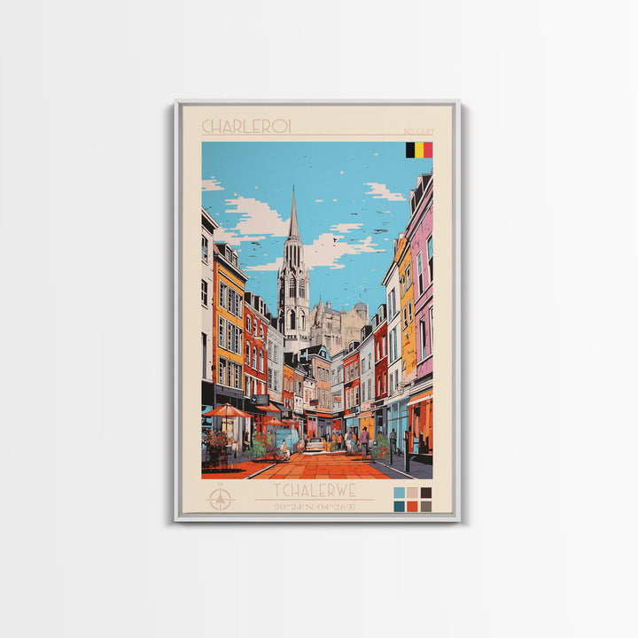 Charleroi Belgium Travel Poster Framed Canvas Print, Midcentury Modern Art, Pop Art Wall Decor, Home Decor, Vacation Gift, Living Room Art