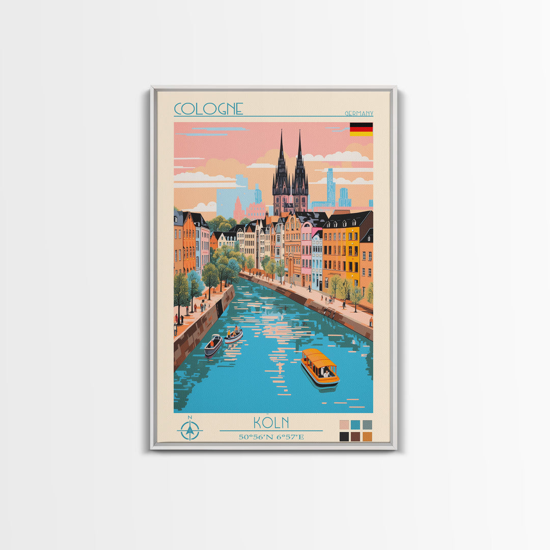 Cologne Germany Travel Poster Framed Canvas Print, Midcentury Modern Art, Pop Art Wall Decor, Scenic Wall Art, Living Room Art