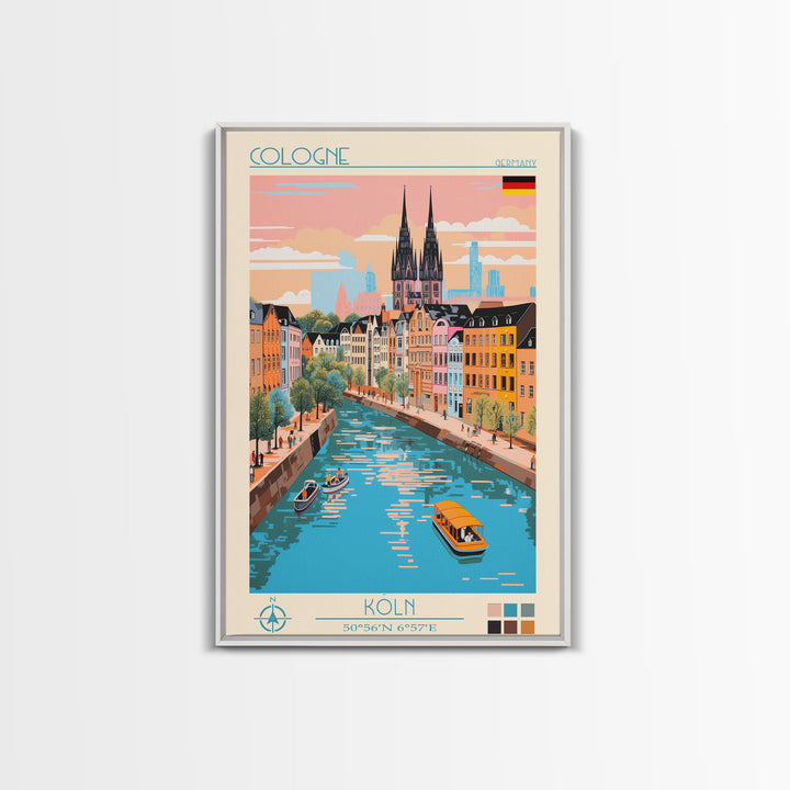 Cologne Germany Travel Poster Framed Canvas Print, Midcentury Modern Art, Pop Art Wall Decor, Scenic Wall Art, Living Room Art