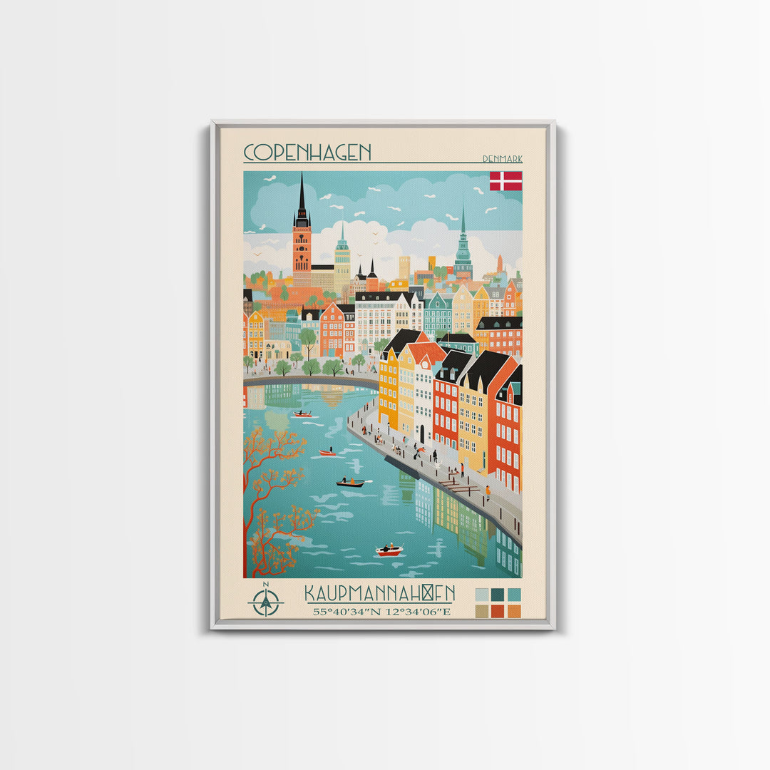 Copenhagen Denmark Travel Poster Framed Canvas Print, Vintage Style, Pop Art Home Decor, Scenic Wall Art, Living Room Decoration, Artistic Gift