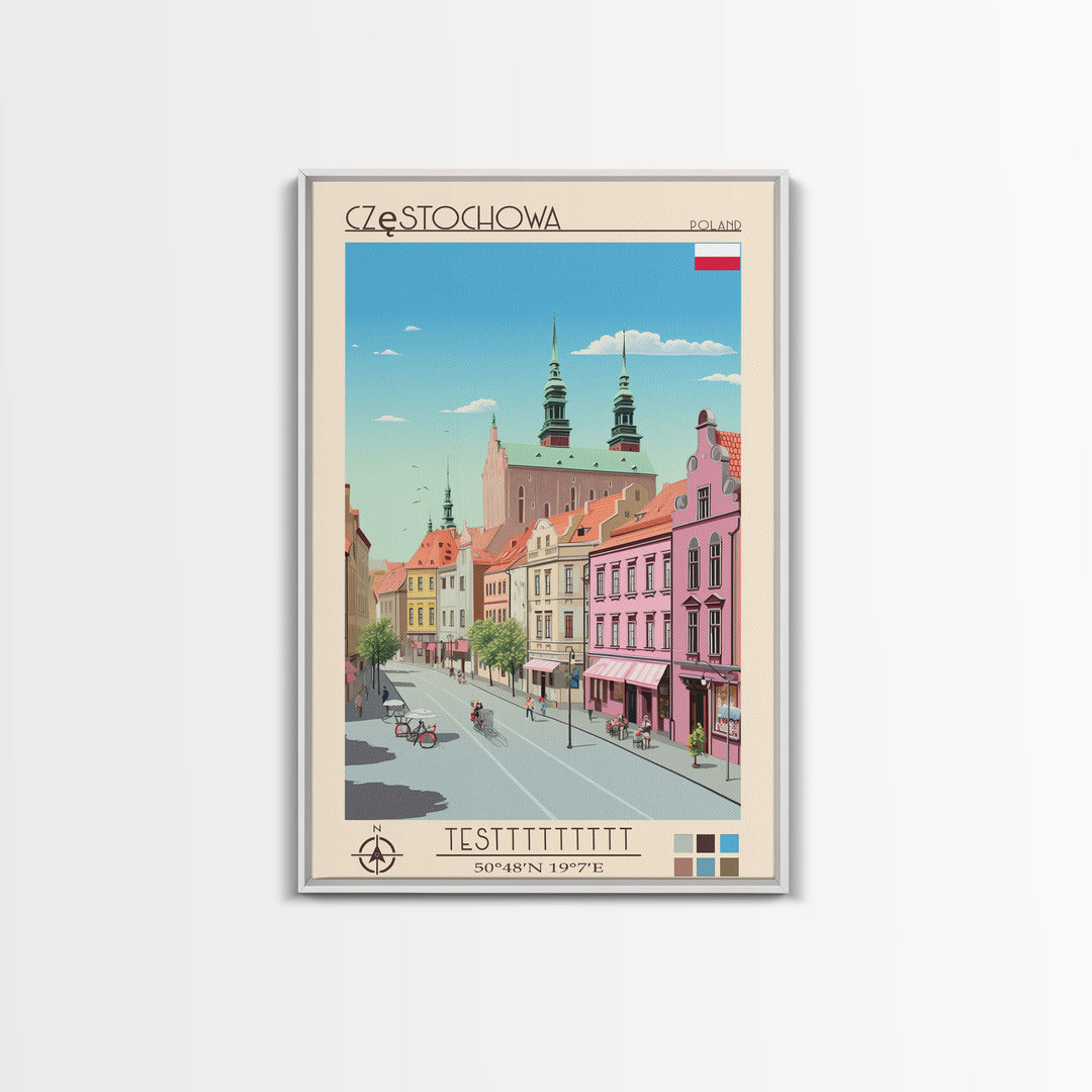 Częstochowa Poland Travel Poster Framed Canvas Print, Midcentury Modern Art, Pop Art Wall Decor, Home Decor, Vacation Gift, Living Room Art