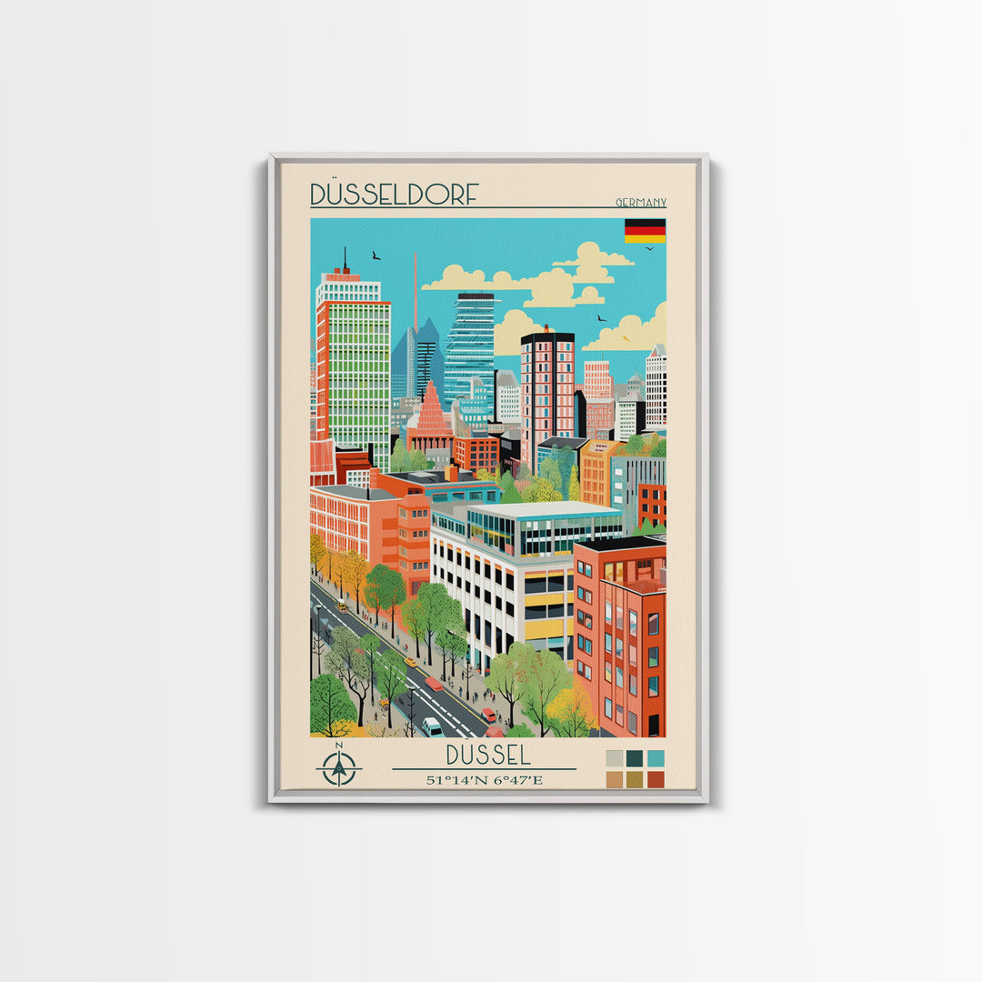 Düsseldorf Germany Travel Poster Framed Canvas Print, Midcentury Modern Art, Pop Art Wall Decor, Home Decor, Vacation Gift, Office Art