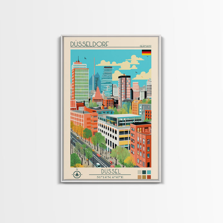 Düsseldorf Germany Travel Poster Framed Canvas Print, Midcentury Modern Art, Pop Art Wall Decor, Home Decor, Vacation Gift, Office Art