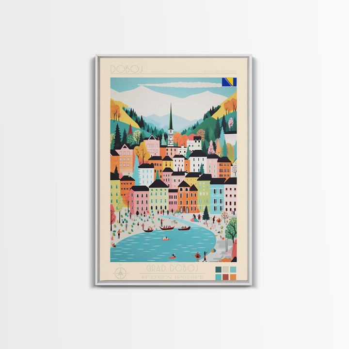 Doboj Bosnia and Herzegovina Travel Poster Framed Canvas Print, Midcentury Modern Art, Pop Art Wall Decor, Home Decor, Vacation Gift, Living Room Art