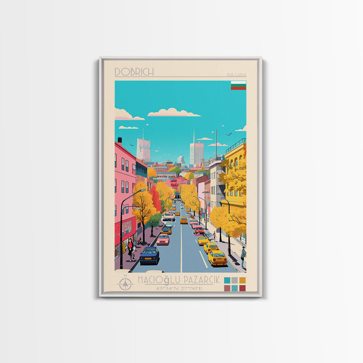 Dobrich Bulgaria Travel Poster Framed Canvas Print, Midcentury Modern Art, Pop Art Wall Decor, Home Decor, Vacation Gift, Living Room Art