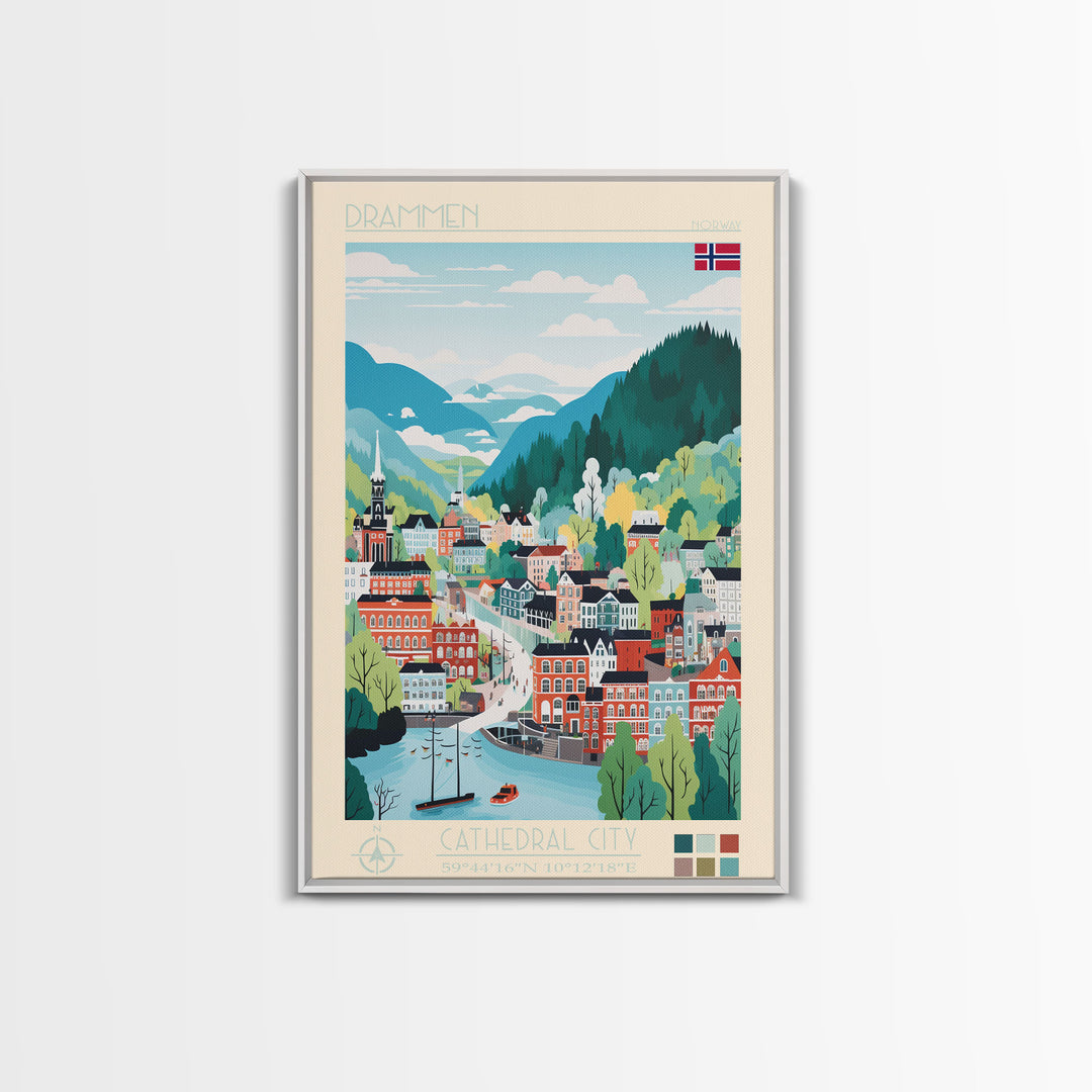 Drammen Norway Travel Poster Framed Canvas Print, Midcentury Modern Art, Pop Art Wall Decor, Home Decor, Vacation Gift, Living Room Art