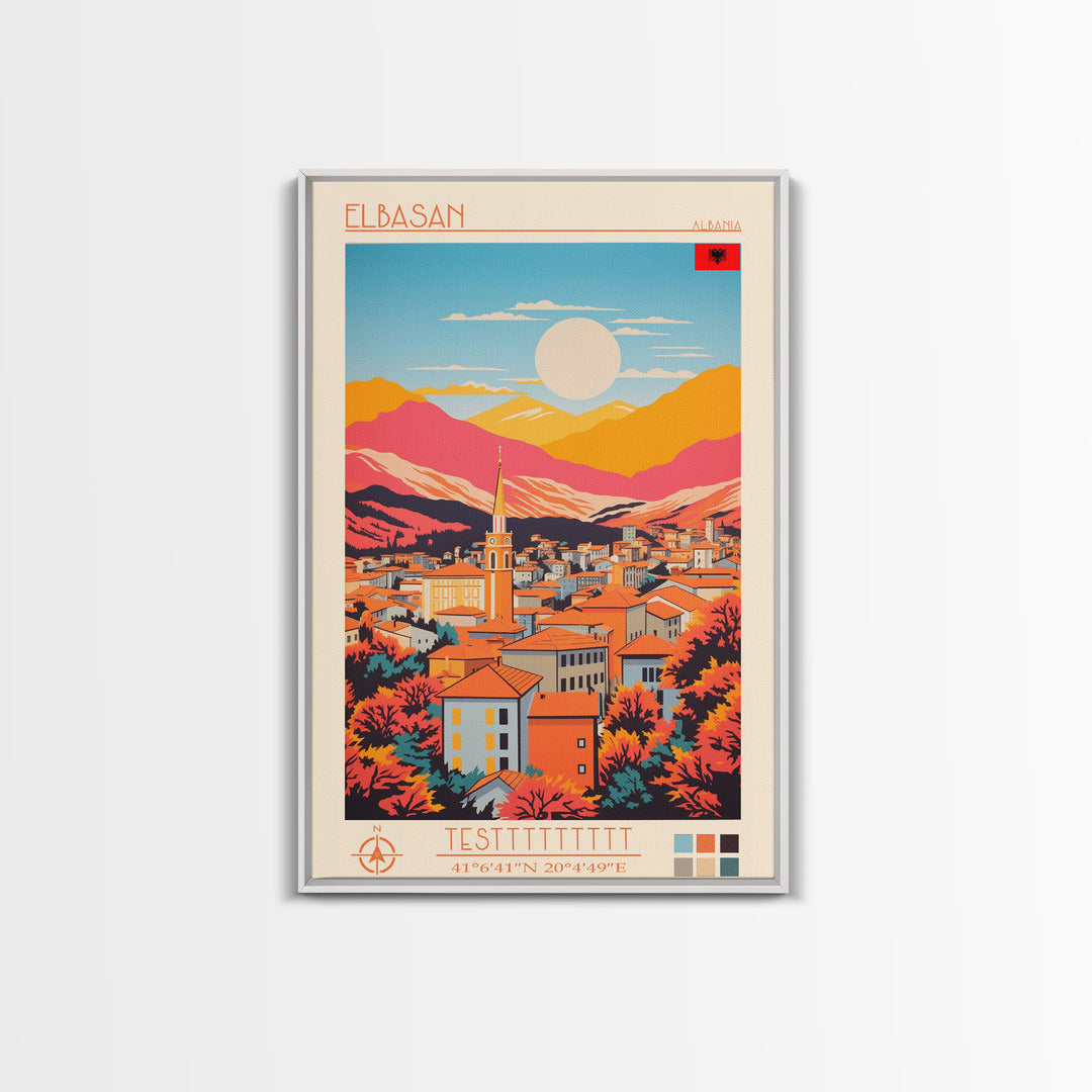 Elbasan Albania Travel Poster Framed Canvas Print, Midcentury Modern Art, Pop Art Wall Decor, Home Decor, Vacation Gift, Bedroom Art