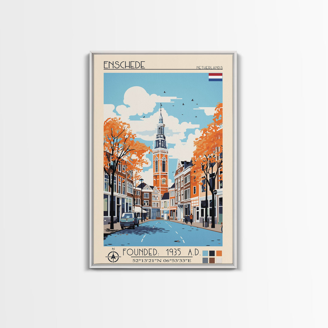 Enschede Netherlands Travel Poster Framed Canvas Print, Midcentury Modern Art, Pop Art Wall Decor, Scenic Wall Art, Bedroom Decoration