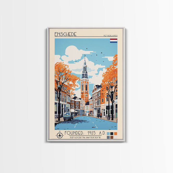 Enschede Netherlands Travel Poster Framed Canvas Print, Midcentury Modern Art, Pop Art Wall Decor, Scenic Wall Art, Bedroom Decoration