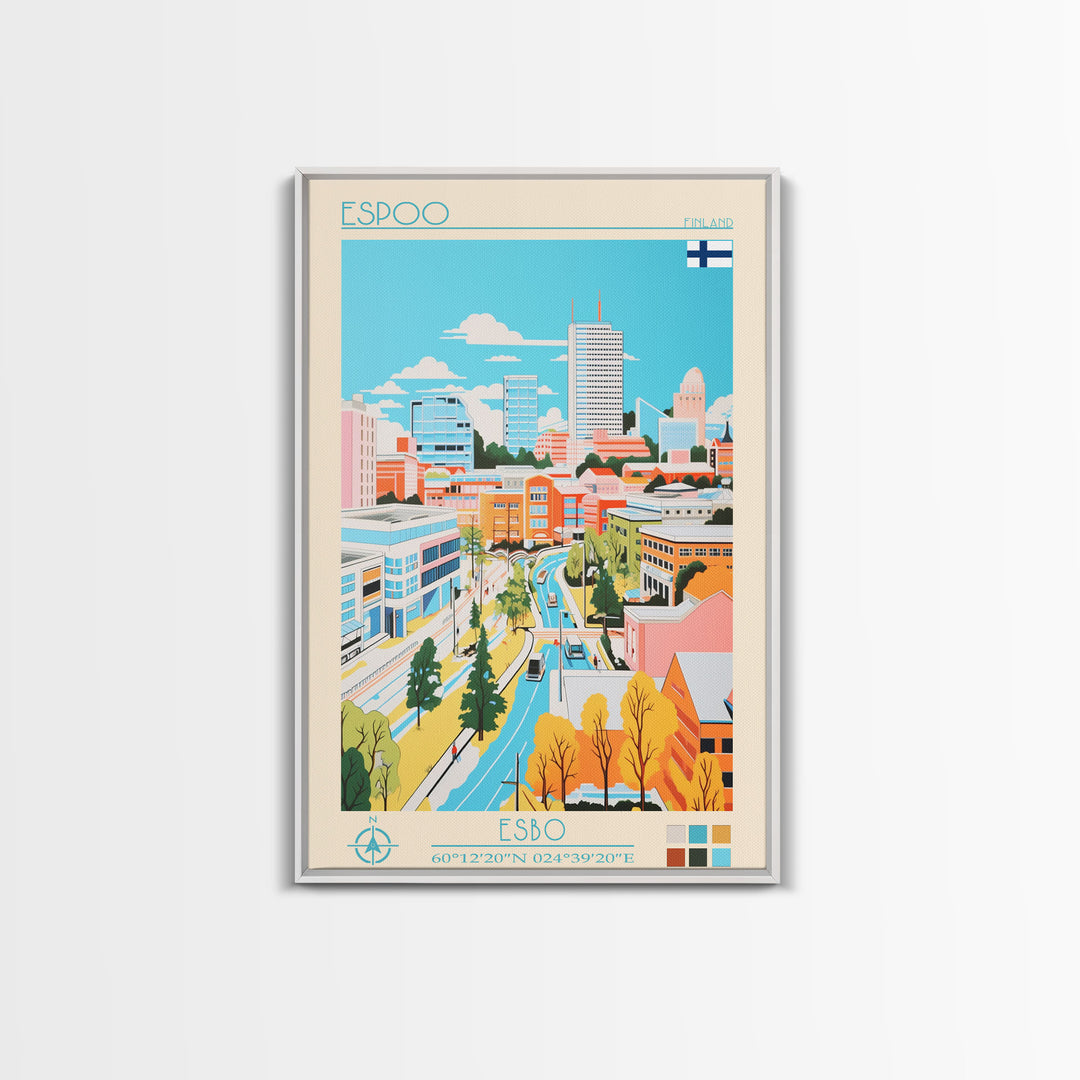 Espoo Finland Travel Poster Framed Canvas Print, Vintage Style, Pop Art Home Decor, Scenic Wall Art, Bedroom Decoration, Office Gift