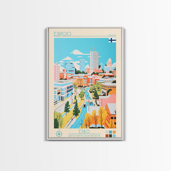 Espoo Finland Travel Poster Framed Canvas Print, Vintage Style, Pop Art Home Decor, Scenic Wall Art, Bedroom Decoration, Office Gift