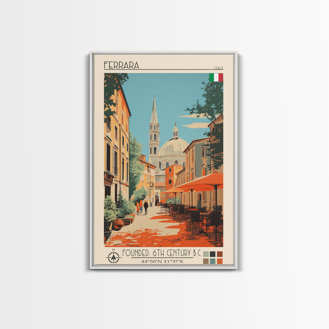 Ferrara Italy Travel Poster Framed Canvas Print, Midcentury Modern Art, Pop Art Wall Decor, Scenic Living Room Art, Bedroom Gift