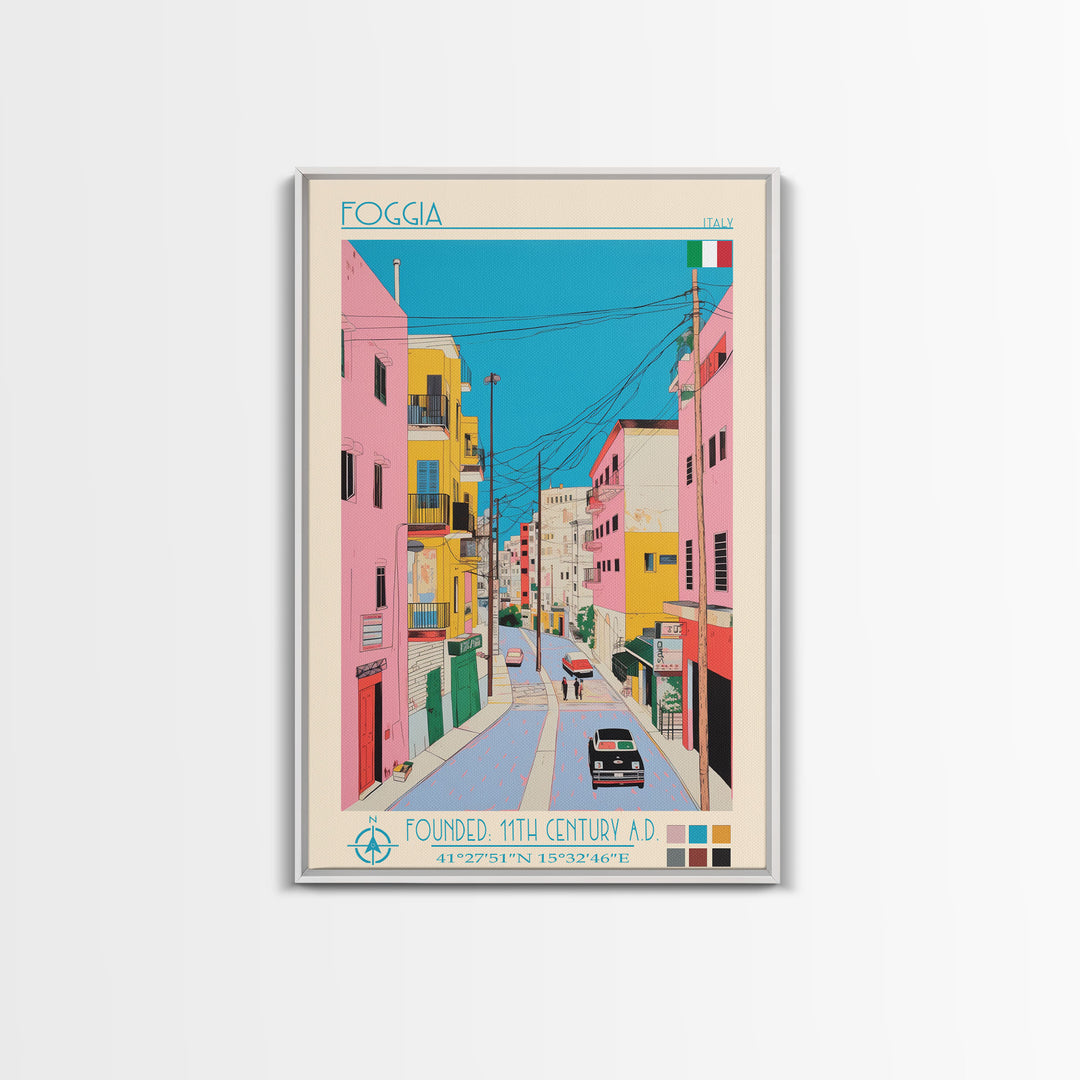 Foggia Italy Travel Poster Framed Canvas Print, Midcentury Modern Art, Pop Art Wall Decor, Home Decor, Vacation Gift, Bedroom Art
