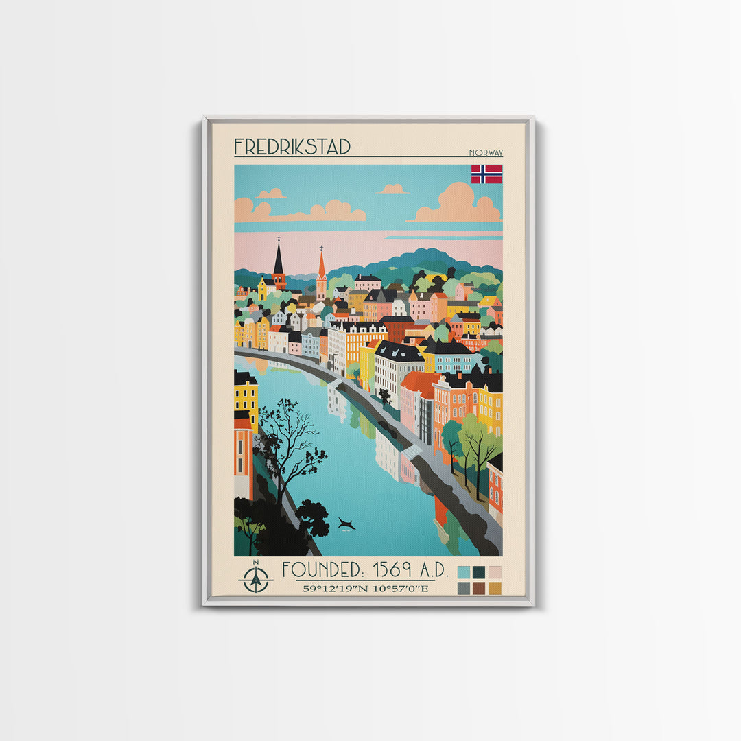 Fredrikstad Norway Travel Poster Framed Canvas Print, Midcentury Modern Art, Pop Art Wall Decor, Scenic Wall Art, Bedroom Decoration