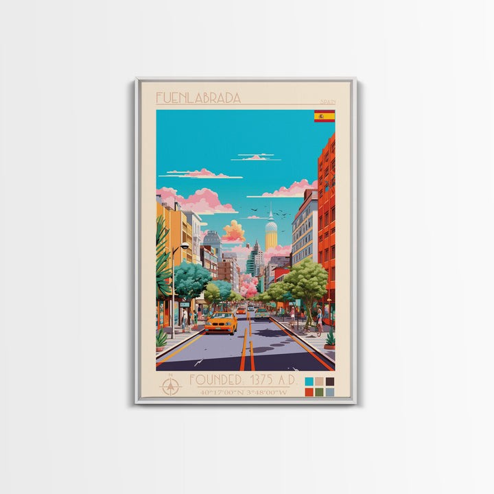 Fuenlabrada Spain Travel Poster Framed Canvas Print, Midcentury Modern Art, Pop Art Wall Decor, Scenic Wall Art, Living Room Decoration, Office Art