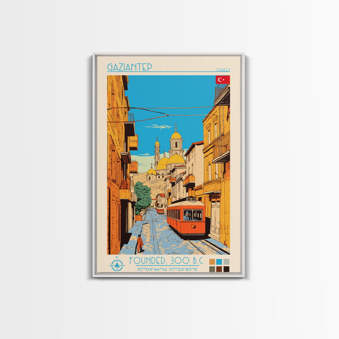 Gaziantep Turkey Travel Poster Framed Canvas Print, Midcentury Modern Art, Pop Art Wall Decor, Scenic Living Room Art, Bedroom Decor