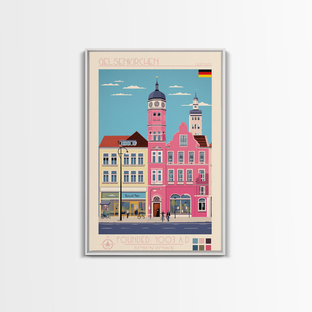Gelsenkirchen Germany Travel Poster Framed Canvas Print, Midcentury Modern Art, Pop Art Wall Decor, Scenic Living Room Art, Bedroom Gift