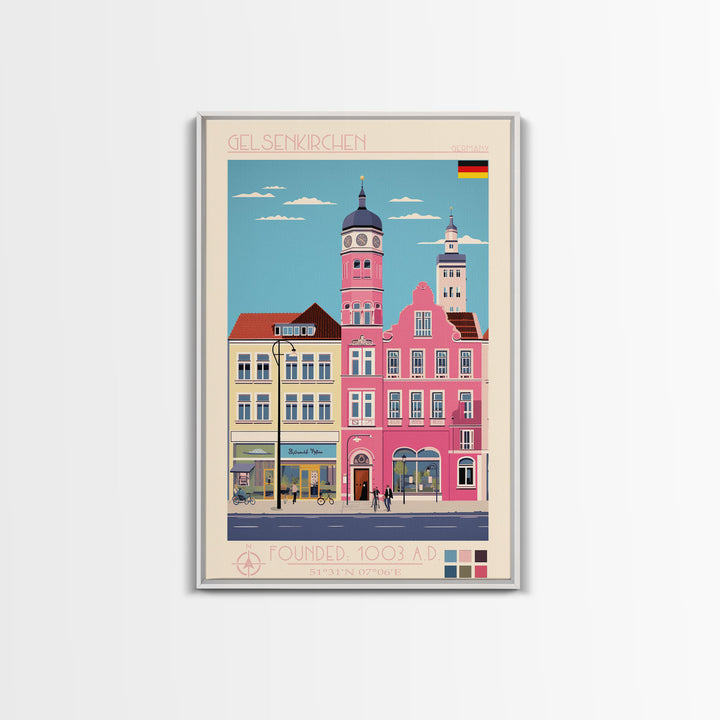Gelsenkirchen Germany Travel Poster Framed Canvas Print, Midcentury Modern Art, Pop Art Wall Decor, Scenic Living Room Art, Bedroom Gift