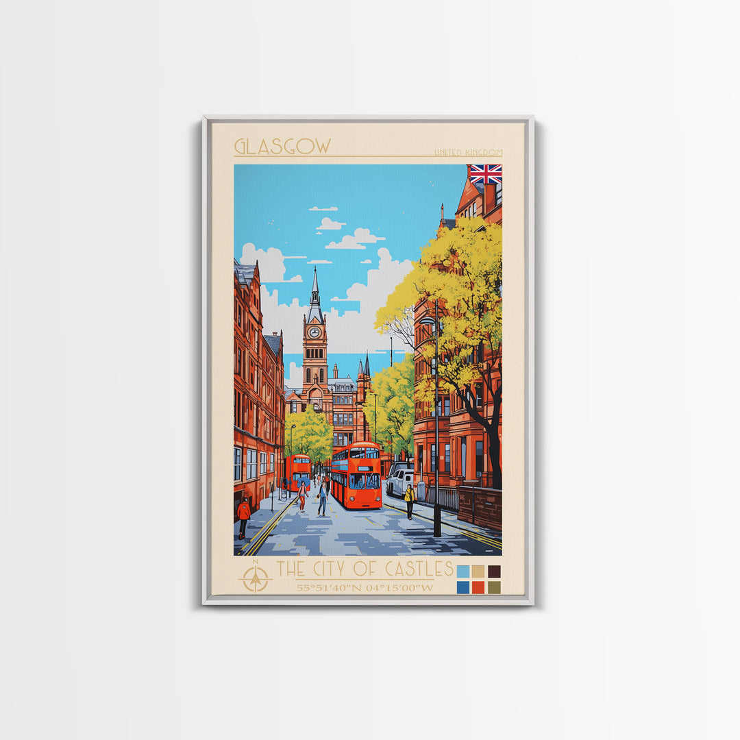 Glasgow United Kingdom Travel Poster Framed Canvas Print, Midcentury Modern Art, Pop Art Wall Decor, Scenic Bedroom Art, Office Decoration