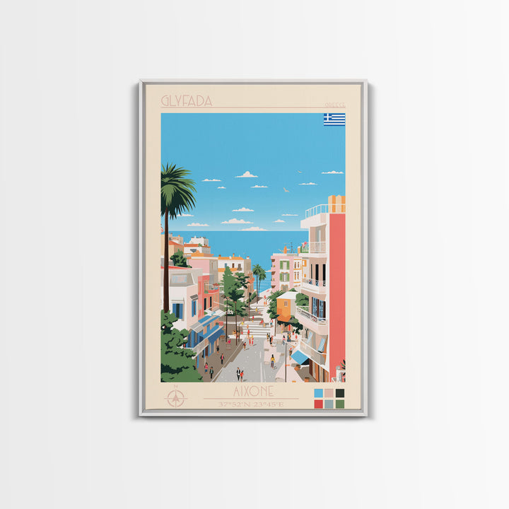 Glyfada Greece Travel Poster Framed Canvas Print, Midcentury Modern Art, Pop Art Wall Decor, Scenic Wall Art, Bedroom Decoration, Office Art